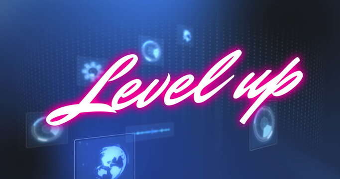 Image of level up text over scope scanning and data processing