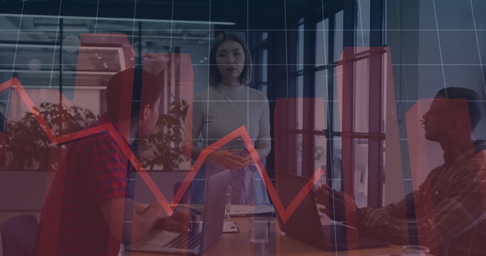Image of financial data processing over group of diverse business people