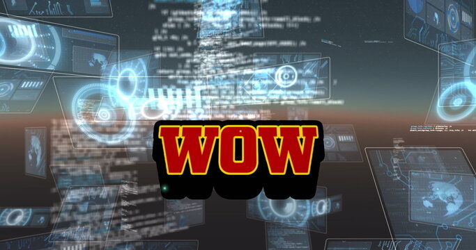 Image of wow text over scope scanning and data processing - Powered by Adobe