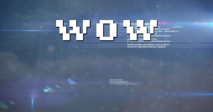 Image of wow text over data processing and sky with clouds - Powered by Adobe