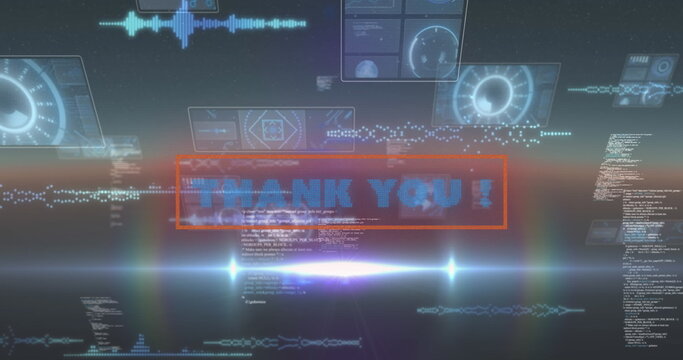 Image of thank you text over scope scanning and data processing - Powered by Adobe