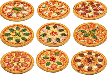 Pizza party Nine savory pies in a grid various toppings crispy crusts