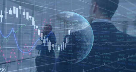 Image of financial data processing over two diverse business people