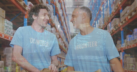 Image of financial data processing over two diverse warehouse worker