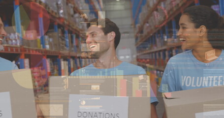 Image of financial data processing over three diverse warehouse worker