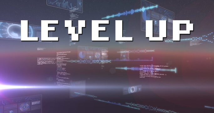 Image of level up text over scope scanning and data processing