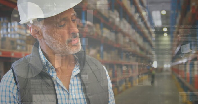 Image of financial data processing over biracial warehouse worker