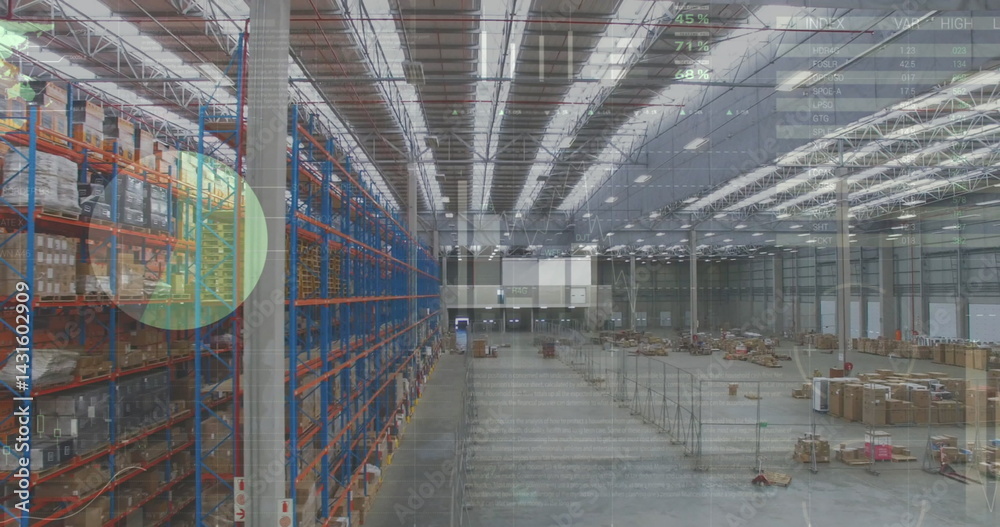 Poster composite image of statistical data processing against view of warehouse