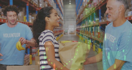 Image of statistics and financial data processing over diverse volunteers in warehouse