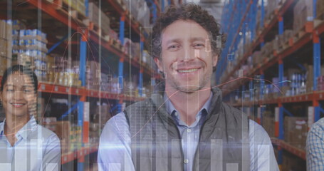 Image of statistics and data processing over diverse people working in warehouse