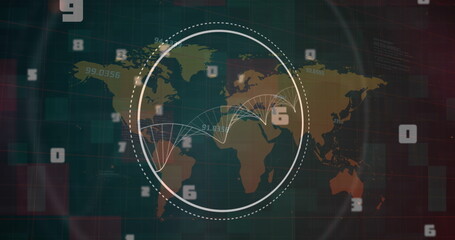 Image of dna strand spinning and data processing over world map