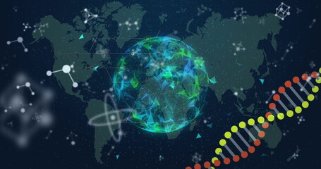 Image of dna strand spinning and molecules over globe and world map