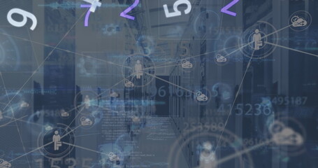 Image of digital interface with network of connections over server room
