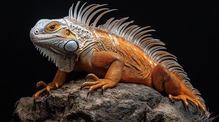 Fototapeta premium Orange iguana perched on rock