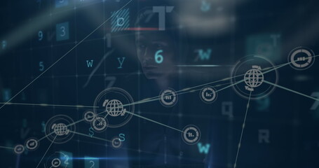 Image of digital interface and network of connections over hacker