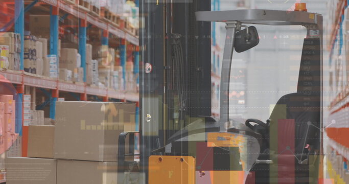 Statistical data processing against forklift machine carrying stack of delivery boxes at warehouse - Powered by Adobe