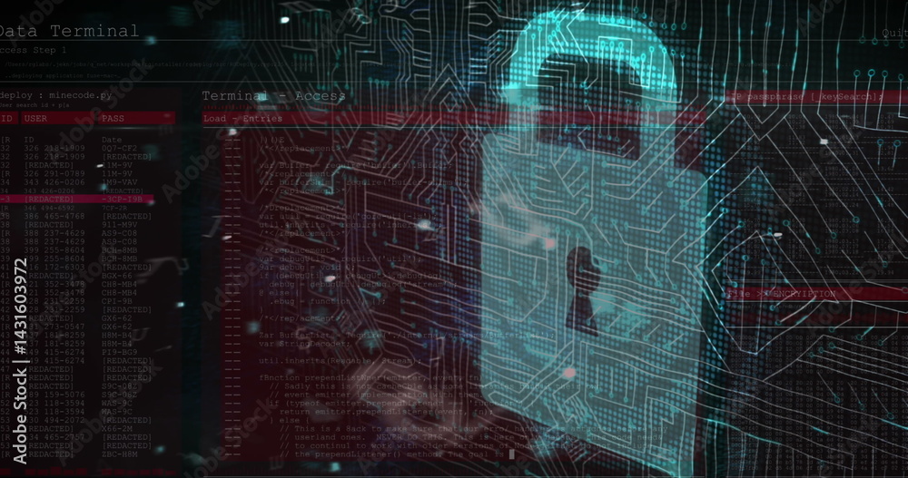 Poster multiple changing numbers and letters against security padlock icon and microprocessor connections