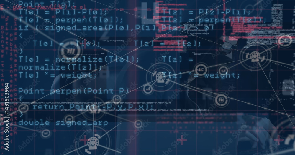 Poster image of digital interface and network of connections over hacker