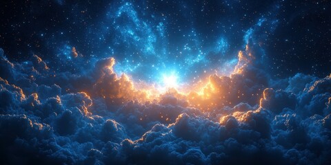 Fototapeta premium Vibrant cosmic energy shines through billowing clouds in a starry sky at twilight