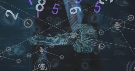 Image of digital interface and network of connections over businessman