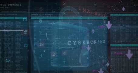 Image of data processing, cyber attack and digital padlock over black background