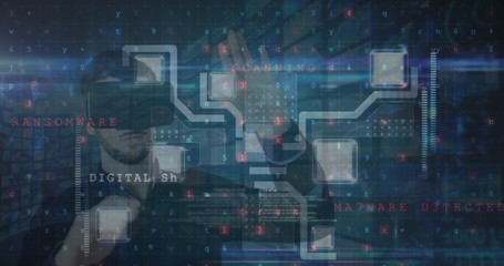 Cyber security data processing against caucasian man wearing vr headset touching an invisible screen