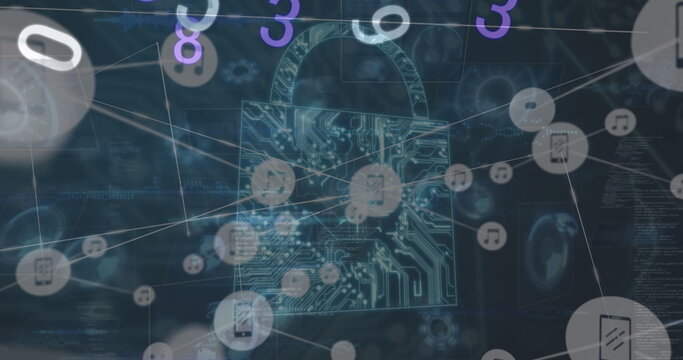 Image of digital interface with security padlock over dark background - Powered by Adobe