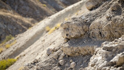 Eroded desert hillside, textured rock close-up, background blurred canyon, geology study