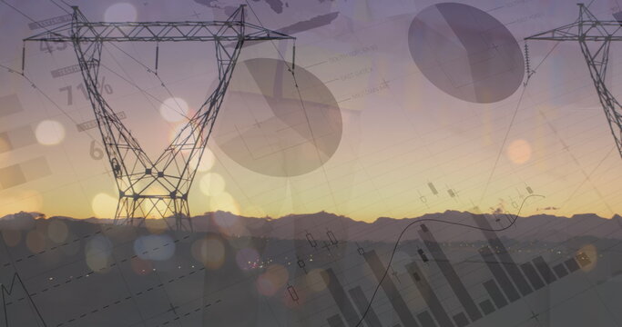 Image of financial data over electricity poles at sunset