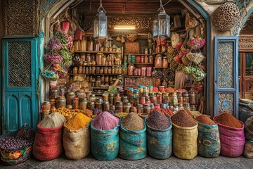 Vibrant Spices and Herbs Fill An Old Market Stall