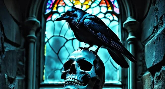 Crow sitting skull black bird human skeleton bone old church Halloween horror cinematic scary drama gothic macabre eerie