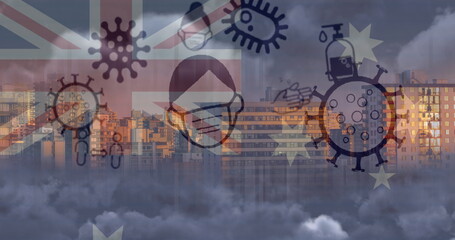 Overlaying pandemic icons showing urban cityscape at dusk, with coronavirus mask sanitizer icons