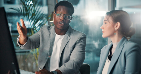 Business people, computer and team conversation at night for brainstorming, insurance or risk...