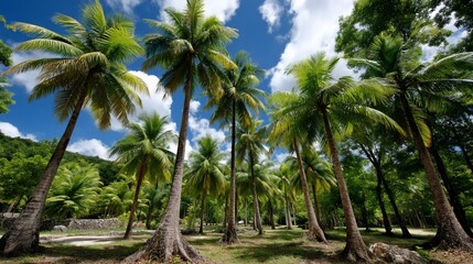 Palm trees stretch to the sky on tropical island under a blue, cloud-filled sky
