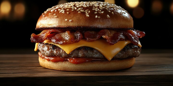Juicy burger with melted cheese and crispy bacon on a sesame bun served in a warm setting