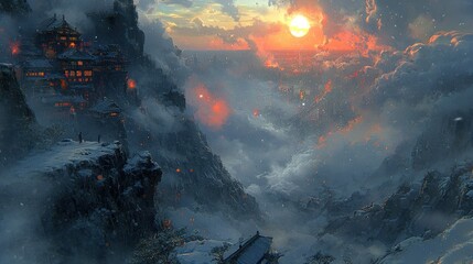 Snowy Mountaintop Village at Sunset