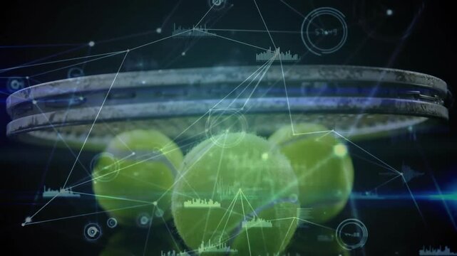 Tennis racket face hovering above green balls while glowing HUD elements projecting live analytics