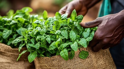 Vegetables(Gymnema sylvestre) in sack bags on farmer's hands.