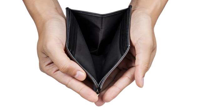 empty black wallet-in male hands isolated on white background PNG. GENERATIVE AI