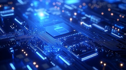 Obraz premium A glowing blue circuit board design with space on the right for text