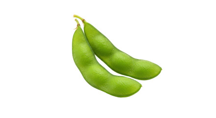 Two green edamame pods, still in their shells, are against a plain, dark background