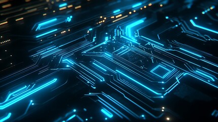 Obraz premium A glowing blue circuit board design with space on the right for text