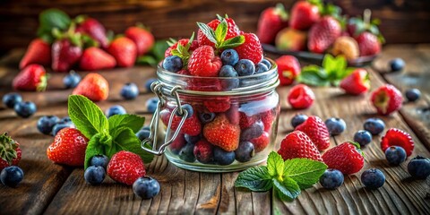 Fresh Fruit Still Life: Summer Fruits in Glass Jar on Rustic Wooden Table
