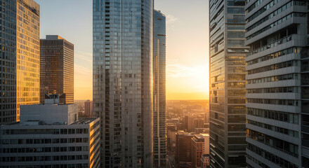 Golden Hour Skyscrapers: A Stunning Sunset View from Above Cityscape