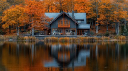 Fototapeta premium Autumnal Lakeside Retreat: A Serene Cabin Nestled Amongst Vibrant Fall Foliage