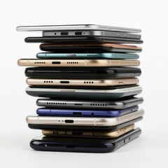Large stack of smartphones placed on a isolated white background