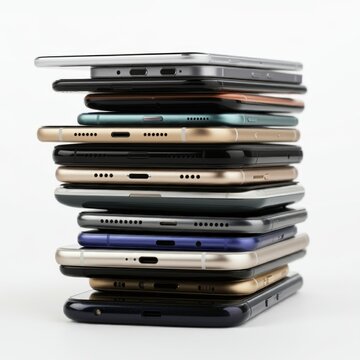 Large stack of smartphones placed on a isolated white background