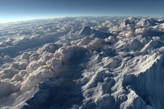 A breathtaking aerial view of snow-capped mountains piercing through a sea of clouds, with a clear blue sky above, capturing the serene beauty and vastness of nature.