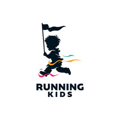 Kids running in finish with holding flag