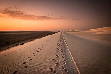 Minimalist Sand Dunes with Footprints at Sunset &ndash; Desert Path Perspective